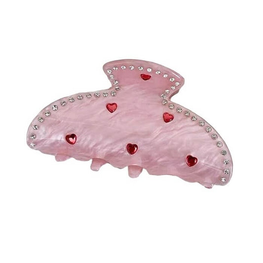 Pink Heart Rhinestone Hair Claw - Pink - Other