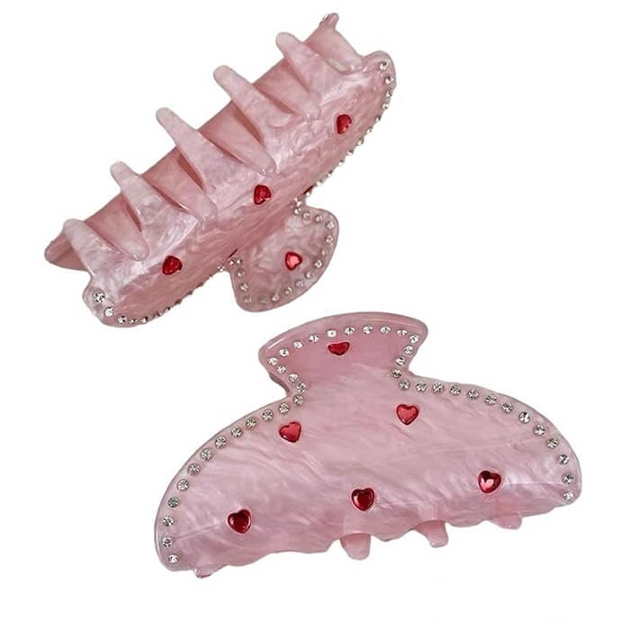 Pink Heart Rhinestone Hair Claw - Pink - Other