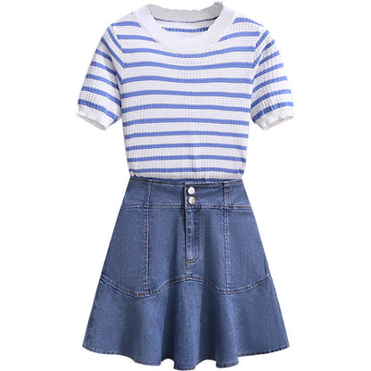 Blue Stripe Knitted T-Shirt High Waist Denim Skirt modakawa