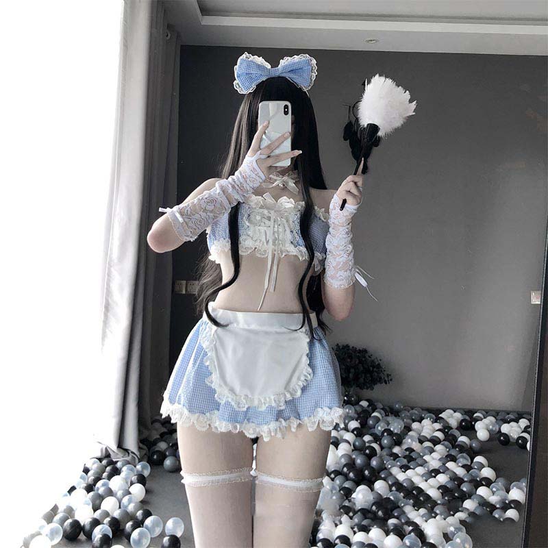 Blue Sexy Maid Lace Bow Stockings Lingerie Dress Modakawa