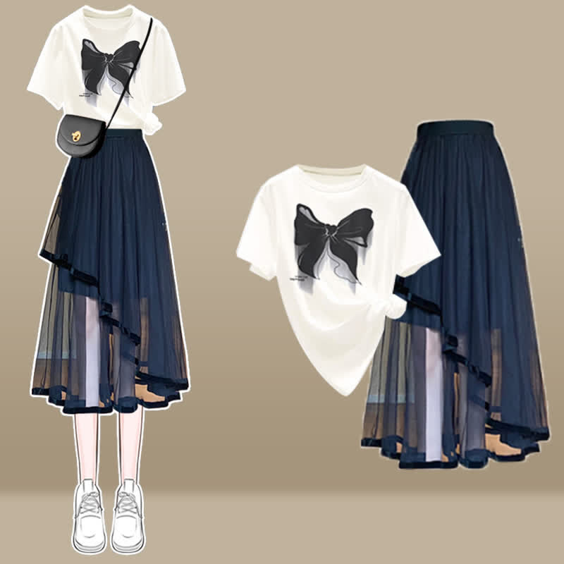 Cartoon Bow Print T-Shirt Irregular Tulle SKirt Set modakawa