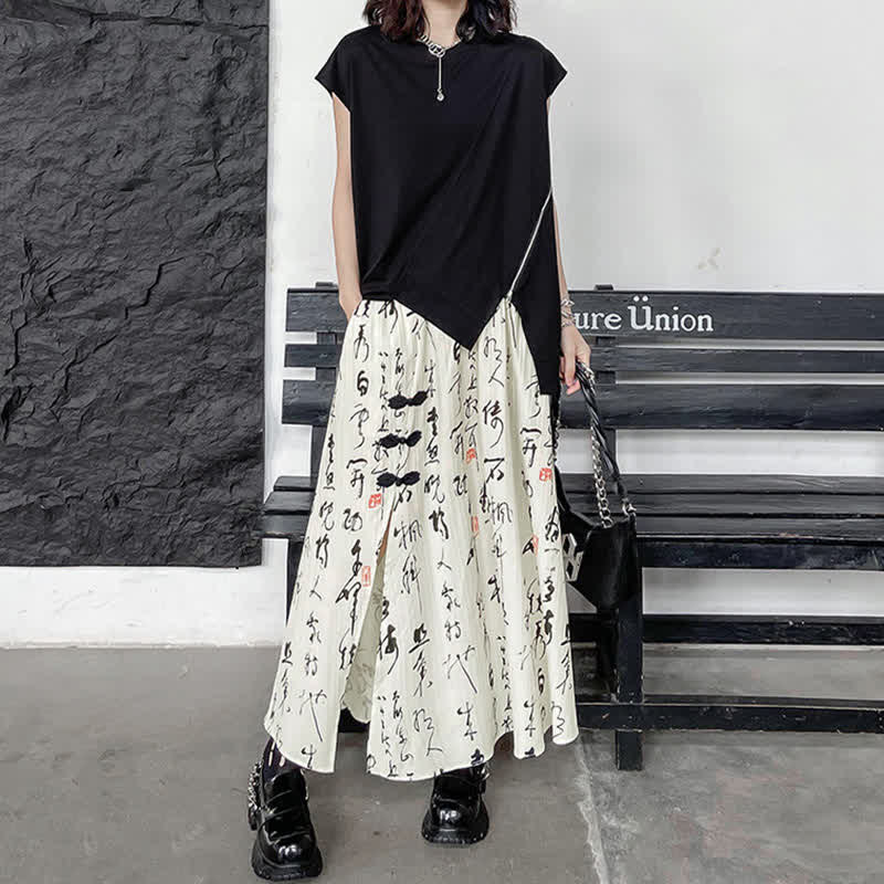 Elegant Character Print Buckle Split Skirt modakawa