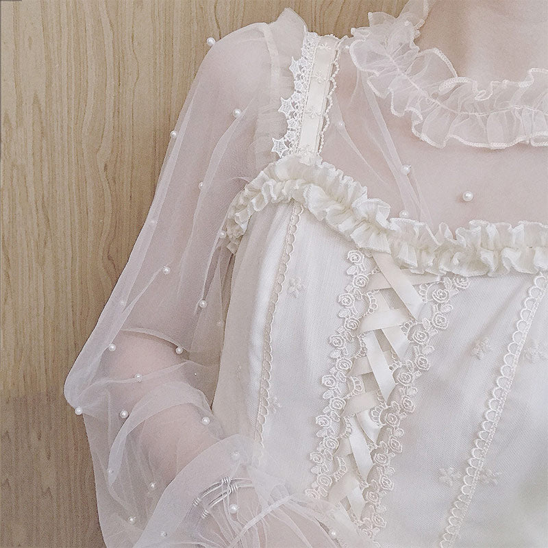 Fairy Pearl Decor Tulle Flouncing Sleeve Cardigan Shirt Modakawa