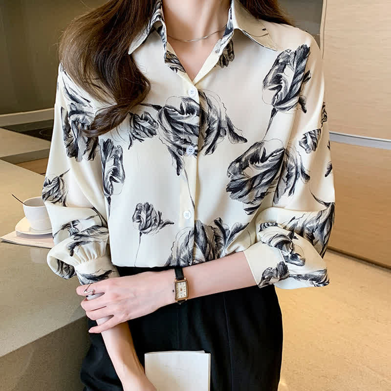 Ink Painting Blossom Print Lapel Shirt modakawa