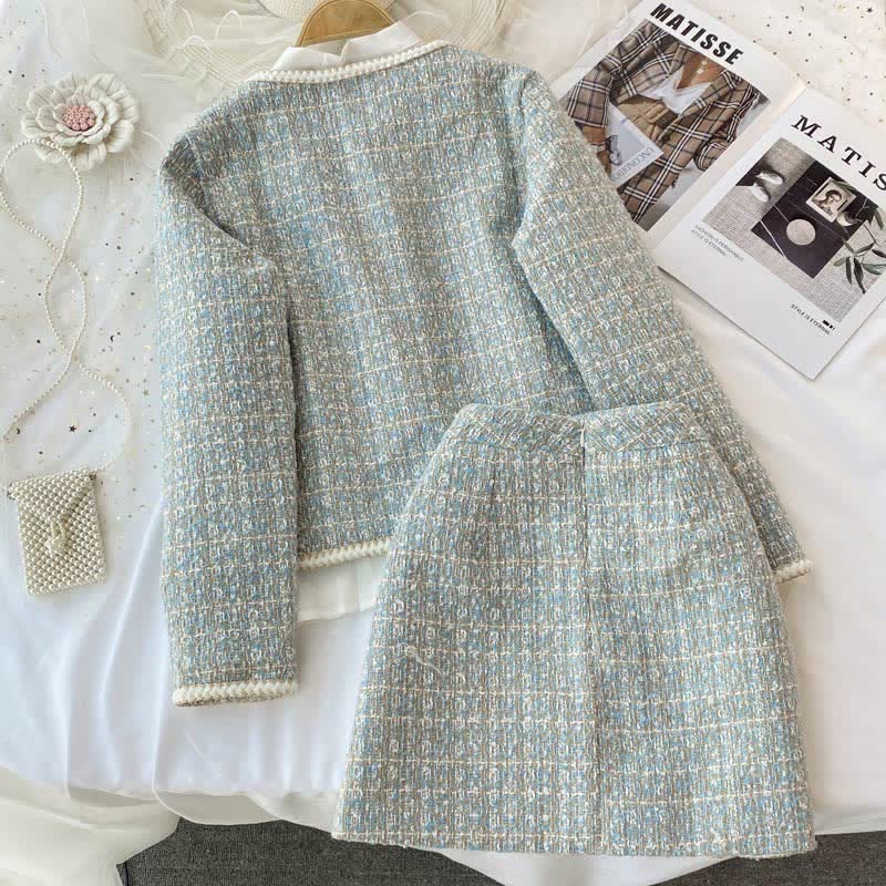 Chic Plaid Print Jacket Shirt High Waist Skirt Set modakawa