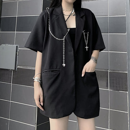 Gothic Pure Color Lapel Blazer Wide Leg Chain Cargo Shorts modakawa