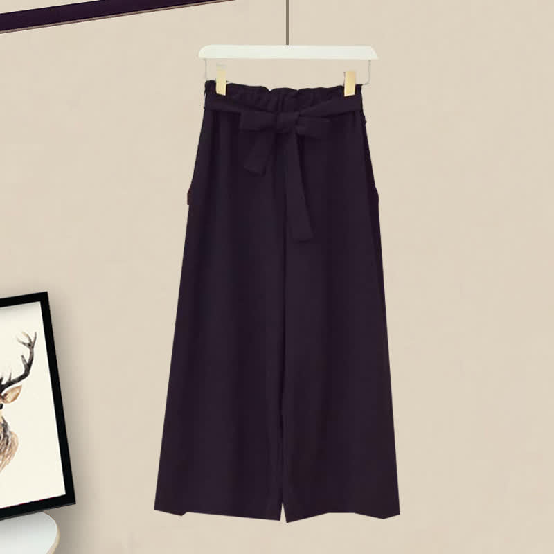 Elegant Bowknot Chiffon T-Shirt Lace Up Wide Leg Pants modakawa