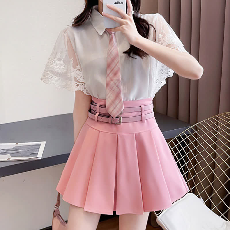 Lace Sleeve Tie T-Shirt Belted Pleated Skirt Set modakawa