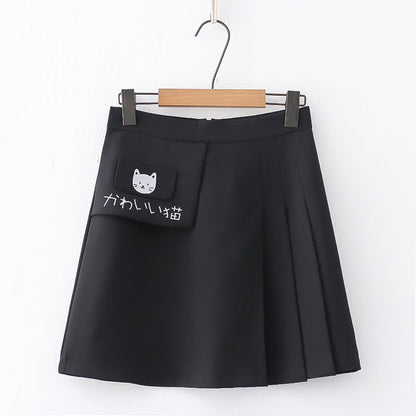 Cartoon Kitty Print Pure Color Pleated Skirt modakawa