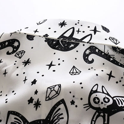 Black White Kitty Print Lapel Chiffon Shirt modakawa