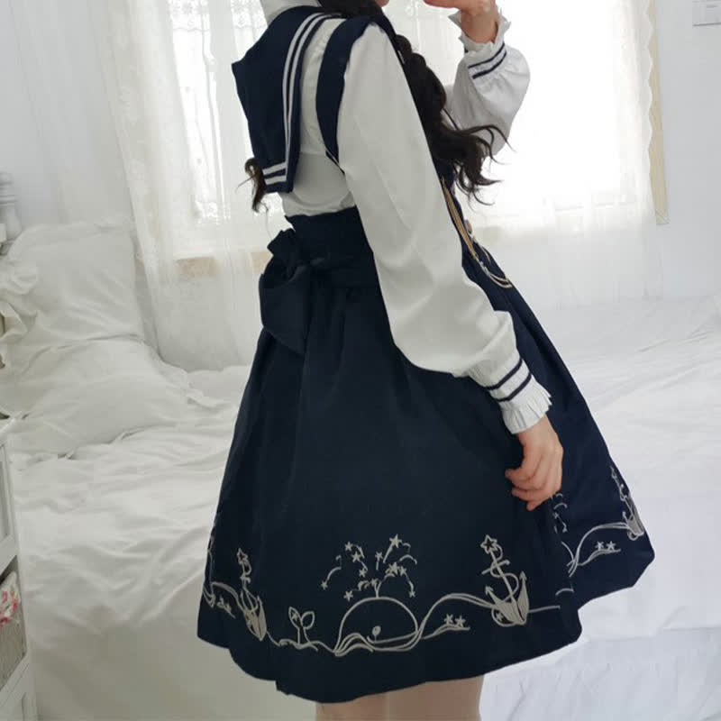 Sailor Collar Shirt Cartoon Dolphin Print Suspender Skirt modakawa