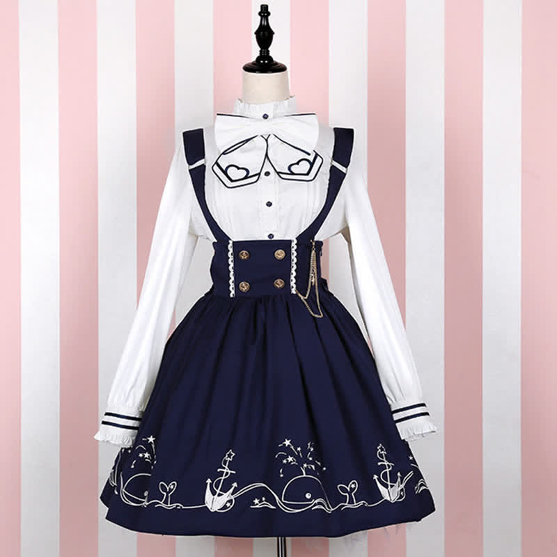 Sailor Collar Shirt Cartoon Dolphin Print Suspender Skirt modakawa