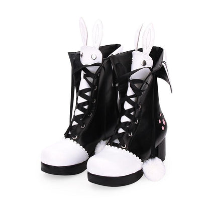 Black Bunny Ears Lace-up Fuzzy Ball Collar High Heel Boots Modakawa