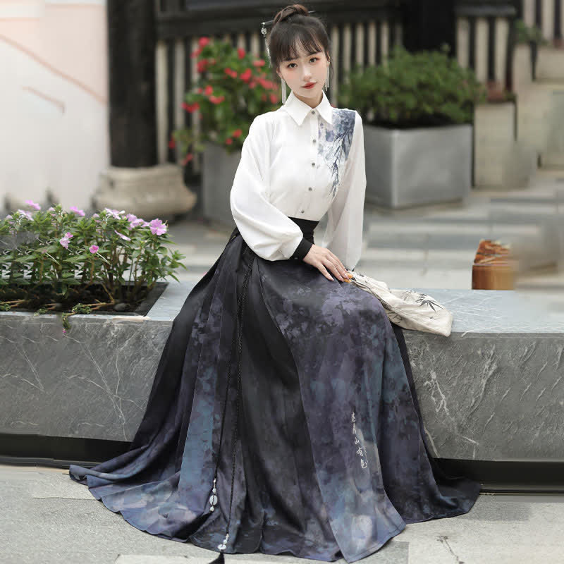 Elegant Bamboo Ink Painting Shirt Lace Up Pleated Skirt modakawa