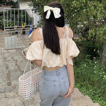 Lace Up Puff Shoulder Crop T-Shirt Denim Pants Skirt modakawa