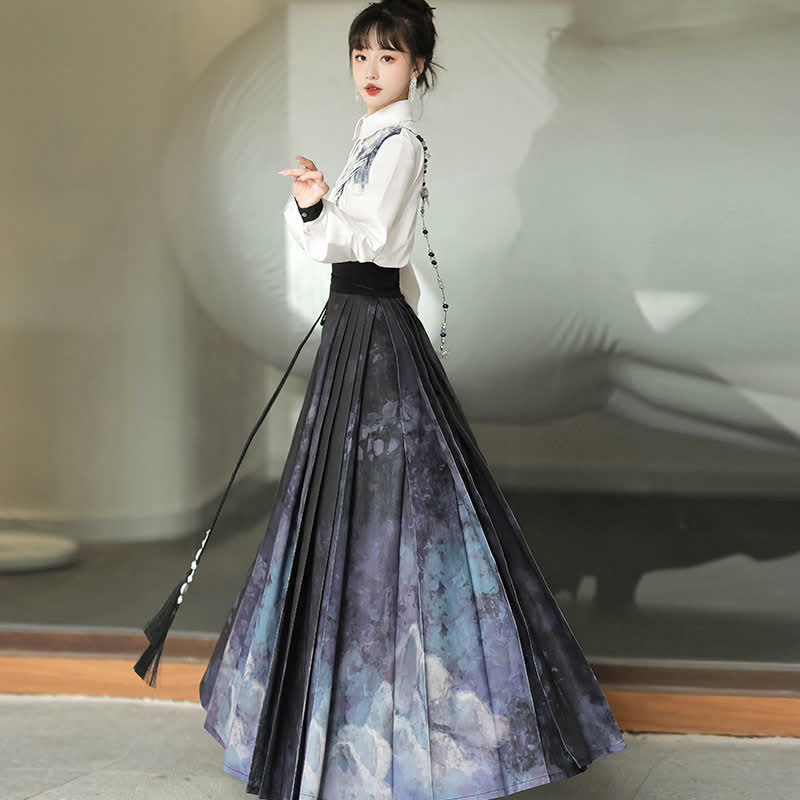 Elegant Bamboo Ink Painting Shirt Lace Up Pleated Skirt modakawa