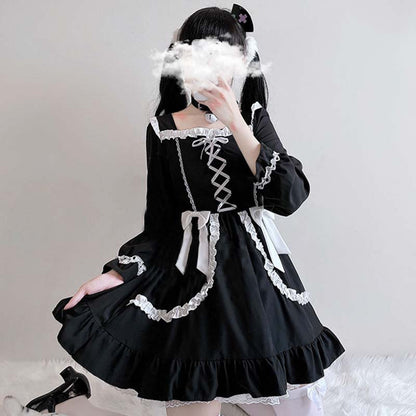 Black Lace Up Lolita Bow-Knot Maid Dress Modakawa