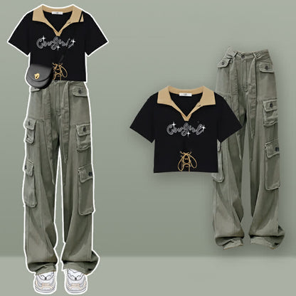 Letter Print Crop Top T-Shirt Cargo Pants Set modakawa