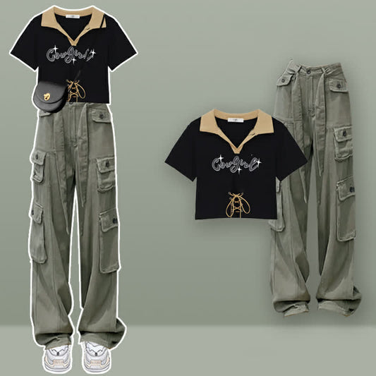 Letter Print Crop Top T-Shirt Cargo Pants Set modakawa