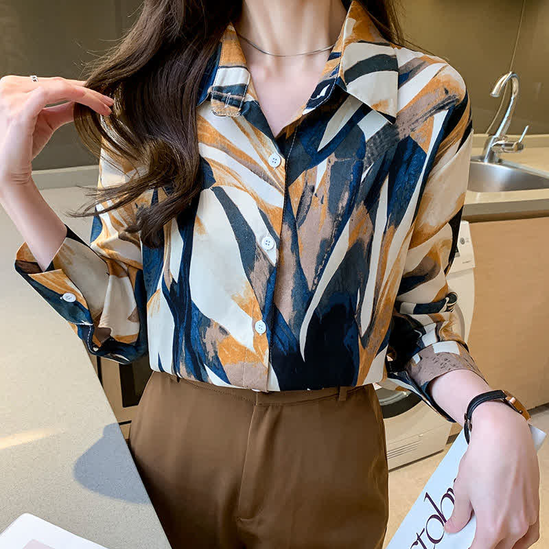 Elegant Colorblock Lapel Long Sleeve Chiffon Shirt modakawa