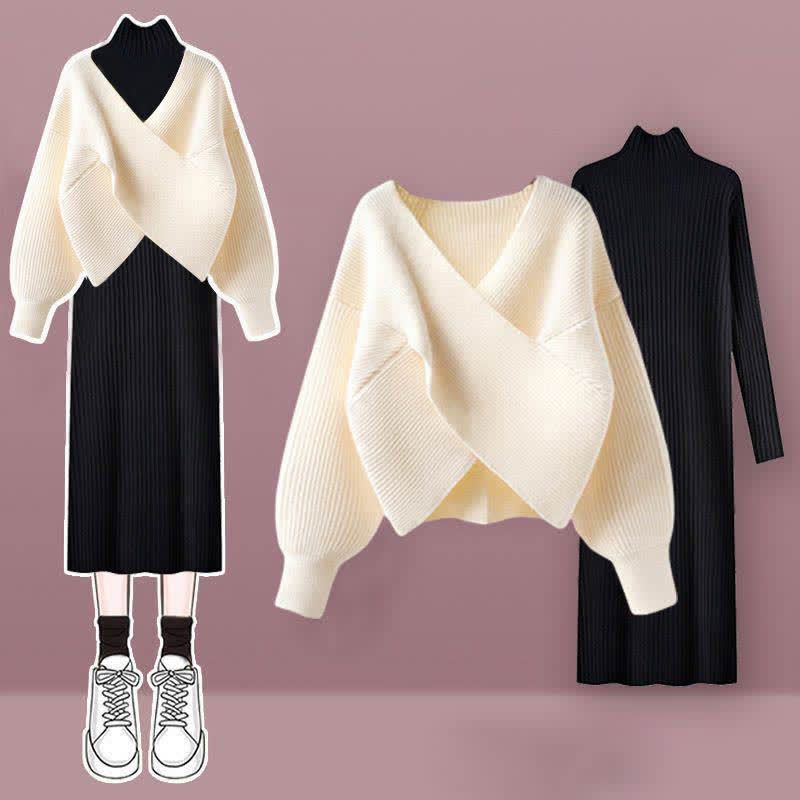 Chic Cross Knit Sweater Dress Set modakawa