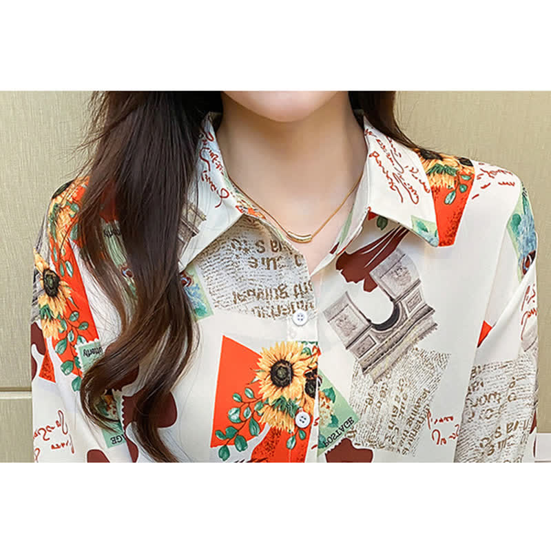 Chic Floral Letter Print Chiffon Shirt Workwear modakawa