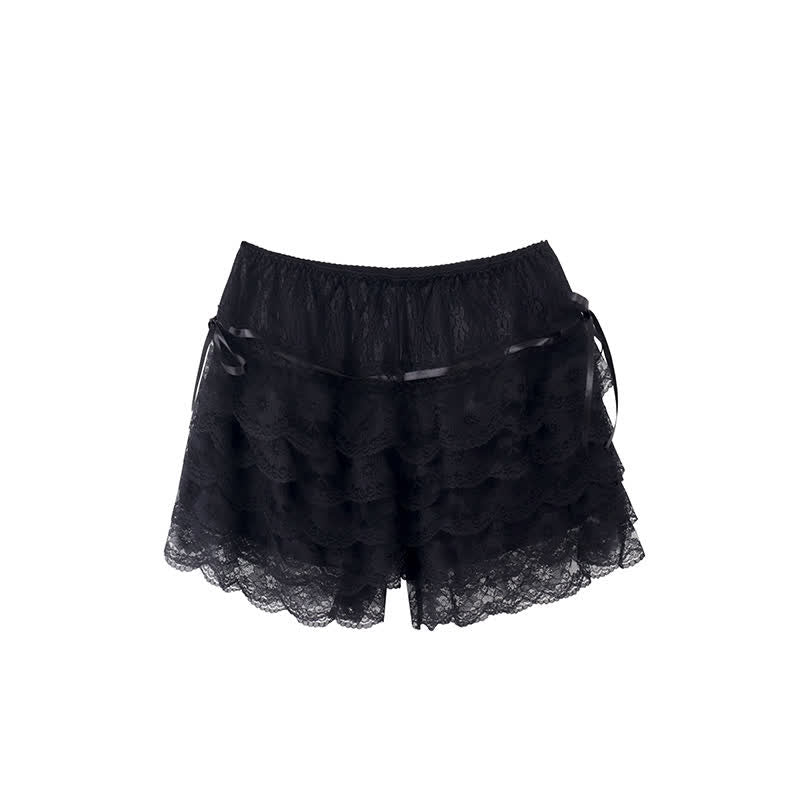 Sweet White Lace-up Layered Lace Trim Undershorts modakawa