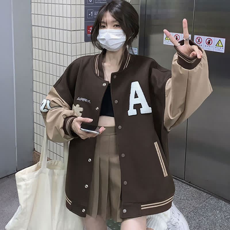 Brown Letter Baseball Jacket Pleated Skirt Set modakawa