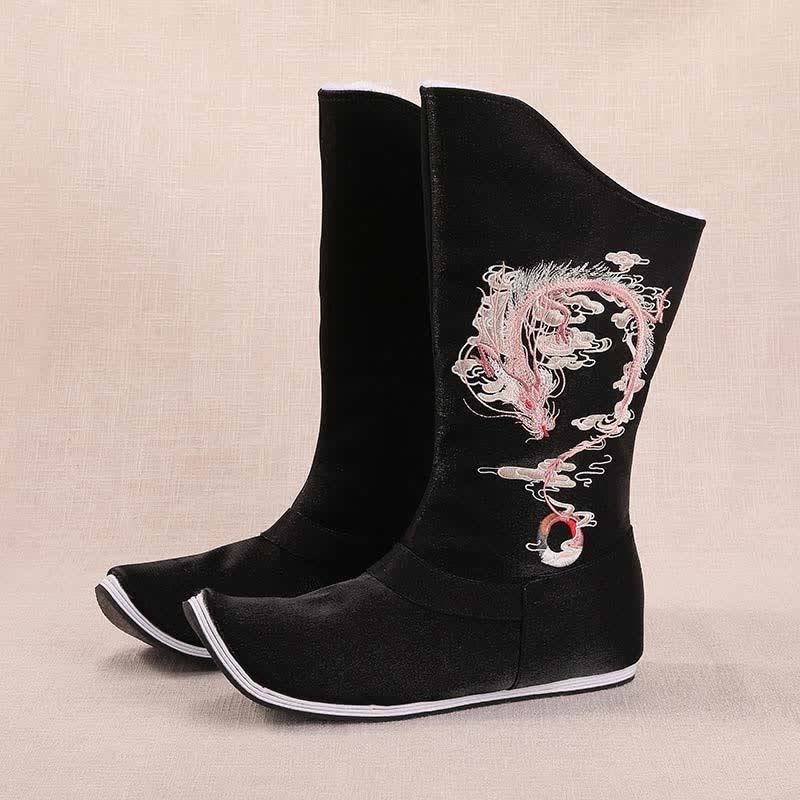 Vintage Dragon Embroidery Pointed Toe Plush Boots modakawa