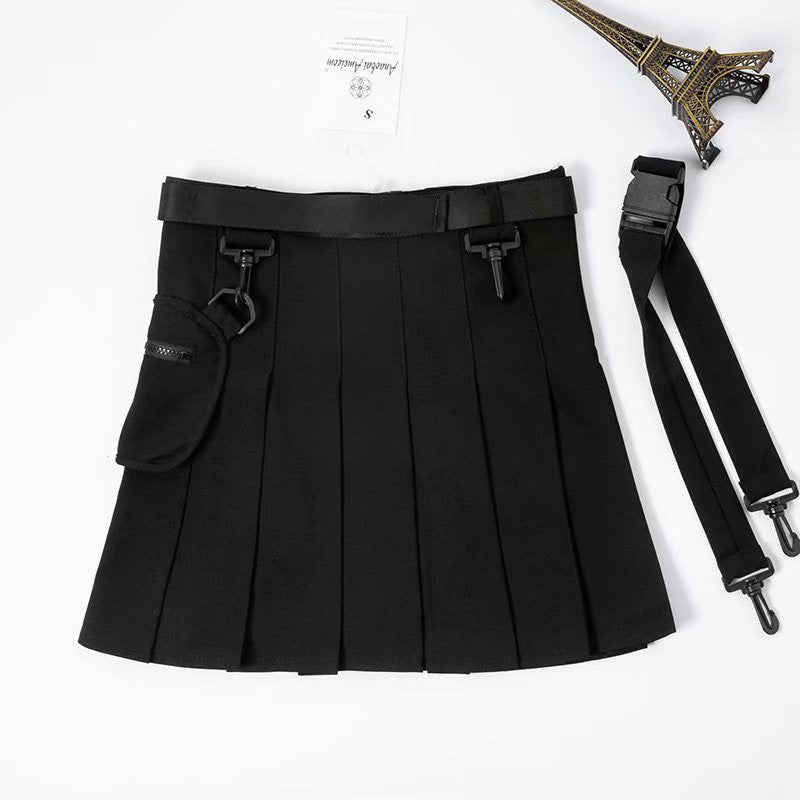 Chic Black Pocket Belted A-line Pleated Skirt Modakawa