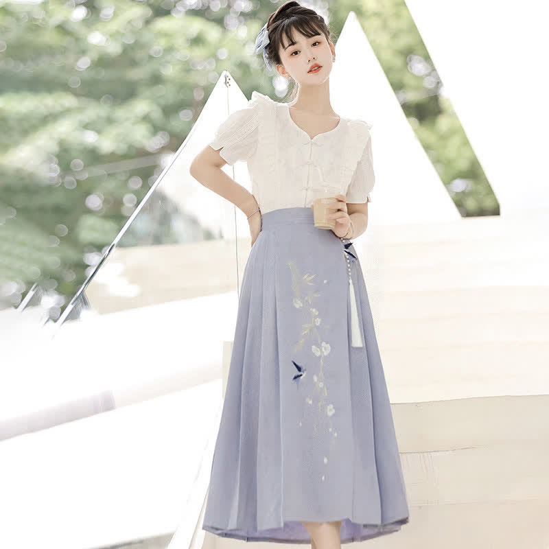 Sweet Buckle T-Shirt Embroidery Tassel Pleated Skirt modakawa