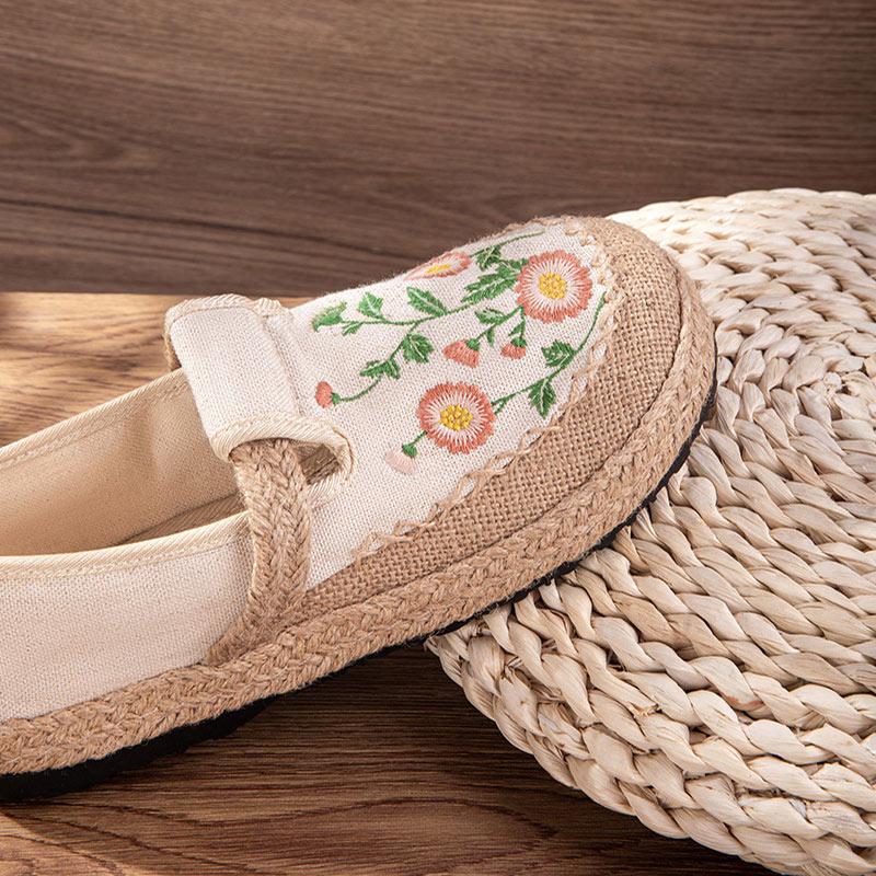 Vintage Embroidery Floral Canvas Flats Shoes Modakawa