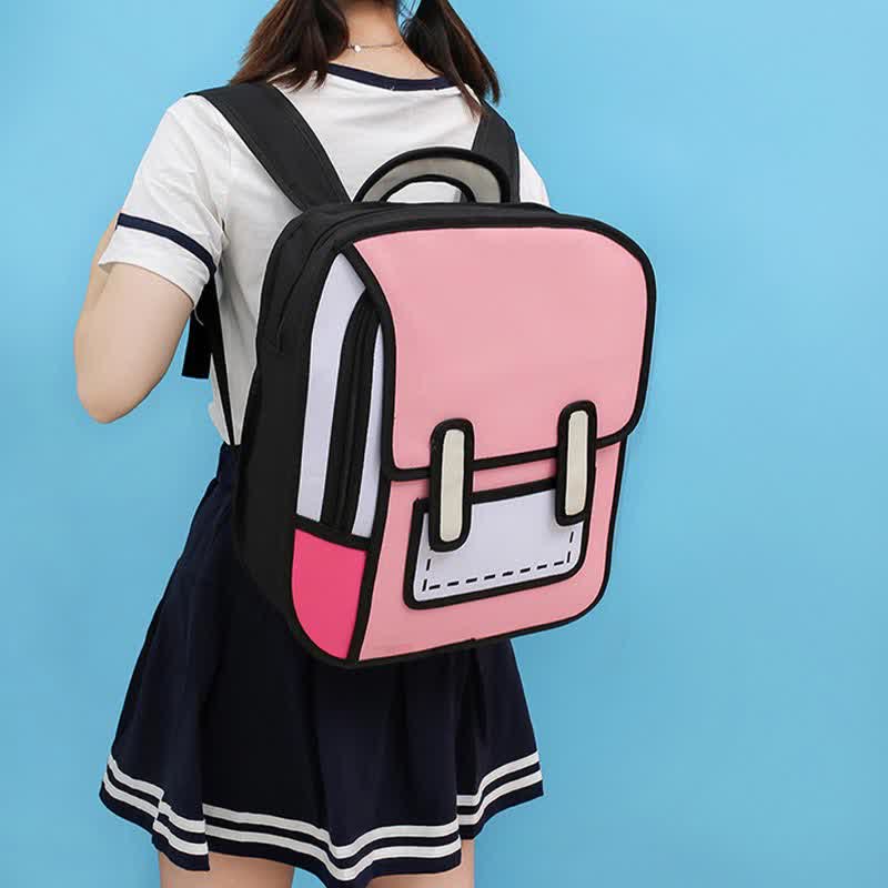 3D Cartoon Colorblock Canvas School Backpack modakawa