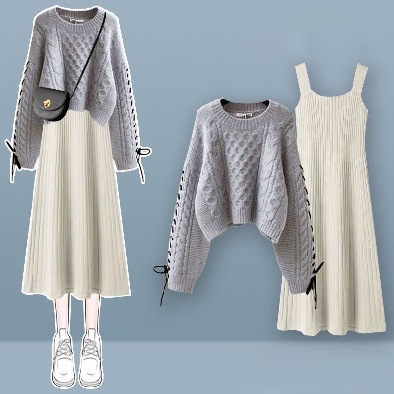 Sweet Cable Sweater Knit Slip Dress Set modakawa