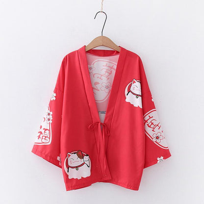 Charming Lucky Cat Sakura Print Loose Outerwear Kimono Modakawa