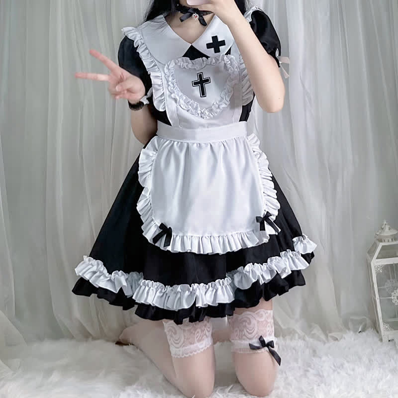 Kawaii Cross Print Ruffled Maid Lolita Dress Set Modakawa