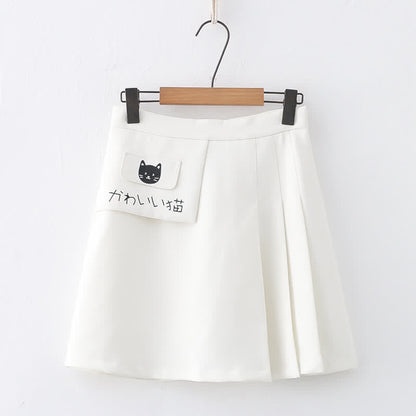 Cartoon Kitty Print Pure Color Pleated Skirt modakawa