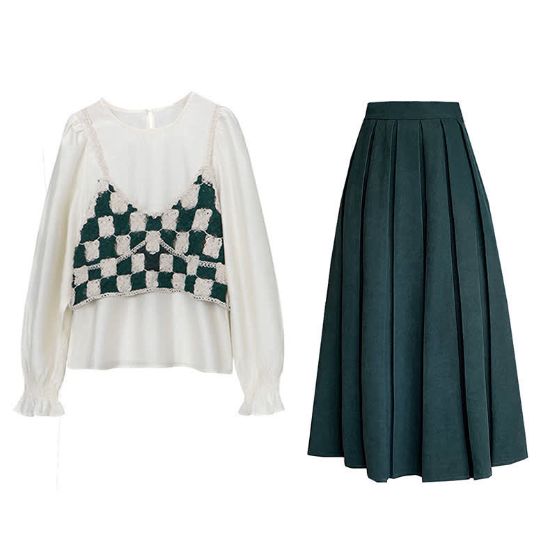 Green Plaid Vest Chiffon Shirt Pleated Skirt Set Modakawa