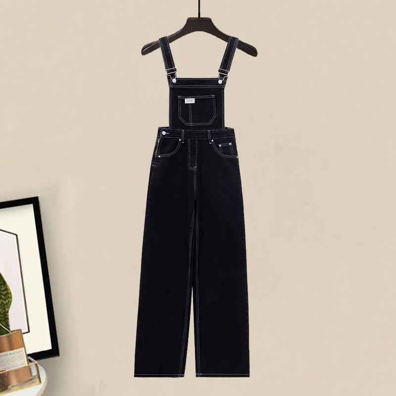 Pocket Lapel Tie T-Shirt Denim Overalls Set modakawa