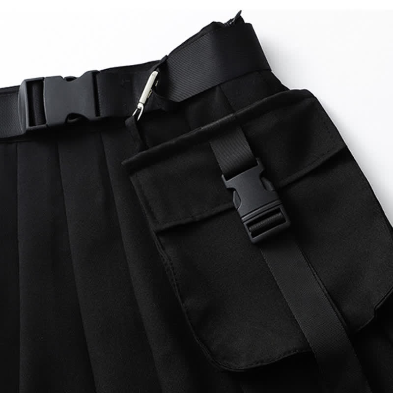 Black Cool Buckle Strap Zipper Crop Top Belted Pleated Skirt modakawa