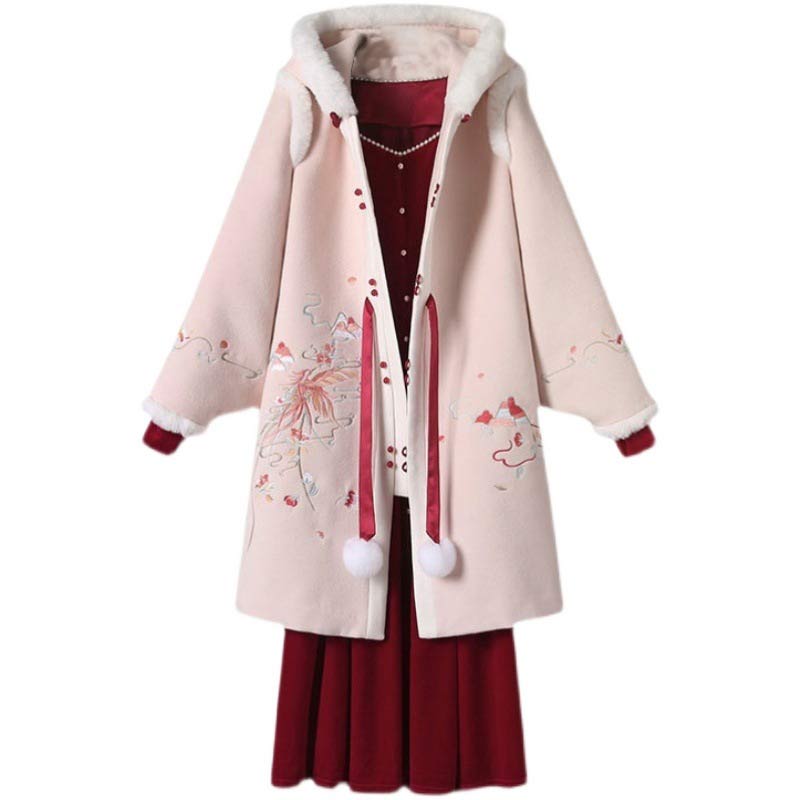 Charming Floral Embroidery Hooded Coat Dress Set Modakawa