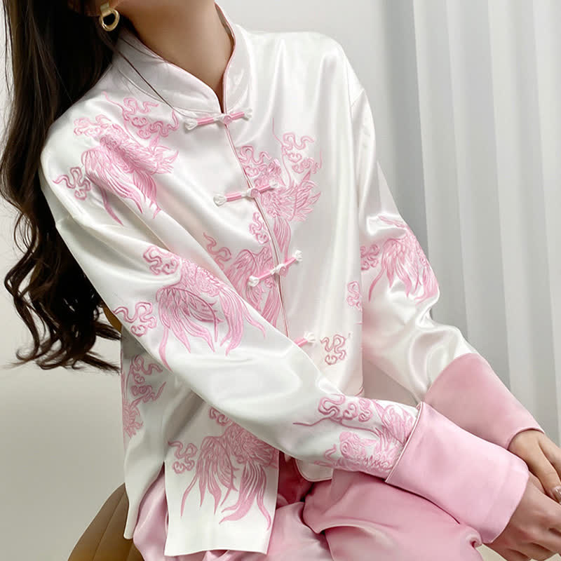 Vintage Floral Embroidery Buckle Long Sleeve Satin Shirt Modakawa