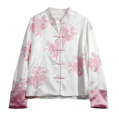 Vintage Floral Embroidery Buckle Long Sleeve Satin Shirt Modakawa