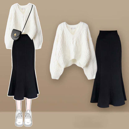 Chic V-neck Cross Knit Sweater Fishtail Skirt modakawa