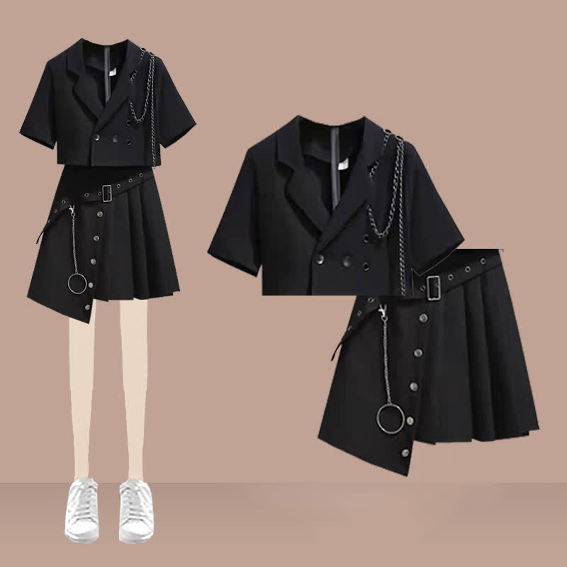 Black Chain Lapel Crop Blazer Irregular Belted Pleated Skirt modakawa