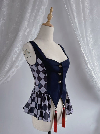 Dark Blue Checkerboard Pattern Waistcoat mySite