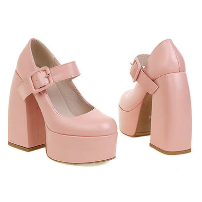 Pure Color Chunk High Heel Mary Janes Shoes modakawa