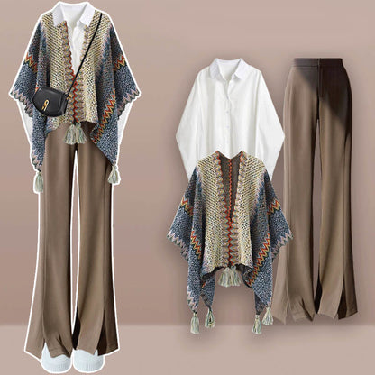 Lattice Print V-neck Shawl Wrap Lapel Shirt Split Pants modakawa