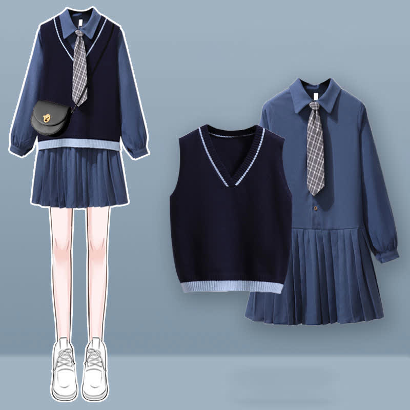 Preppy style Knit Vest Lapel Tie Pleated Shirt Dress Set modakawa