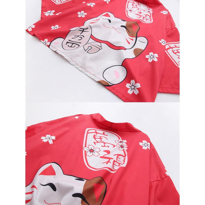 Charming Lucky Cat Sakura Print Loose Outerwear Kimono Modakawa